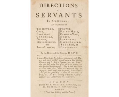 Swift (Jonathan). Directions to Servants in General, 1st English edition, London: R. Dodsley, 1745, woodcut tailpiece to fina