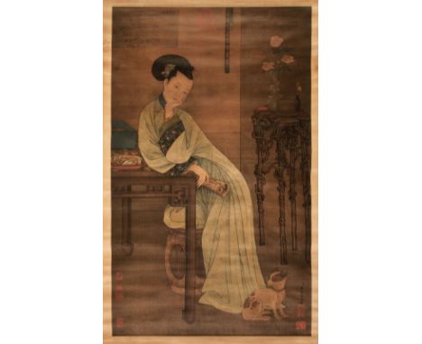 * Japanese Scroll. Portrait of a woman with a dog, early 20th century, colour printed portrait, 960 x 595 mm, mounted on a pa