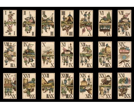 * Austrian Victory Tarot. Sieg-Tarok, Prossnitz, Moravia: Gottfried Fischer, circa 1840, the complete deck of 42 stencil colo