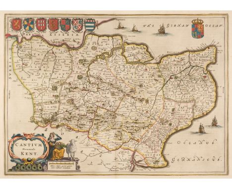 Blaeu (Johannes). Cantium vernacule Kent, Amsterdam, circa 1645, engraved map with contemporary hand-colouring, large decorat