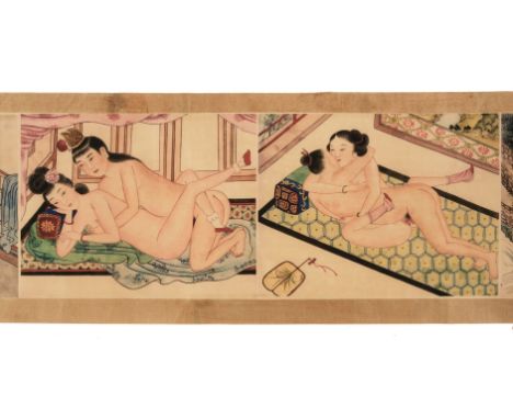* Japanese Shunga Scrolls. A scroll of erotic scenes, early 20th century, Taisho period, eight explicit erotic colour woodblo