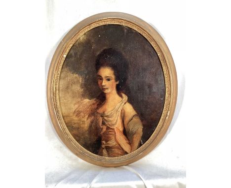 English School 19th century, oil on canvas laid on board, portrait of Mrs J. Princep standing in a landscape, oval in gilt fr