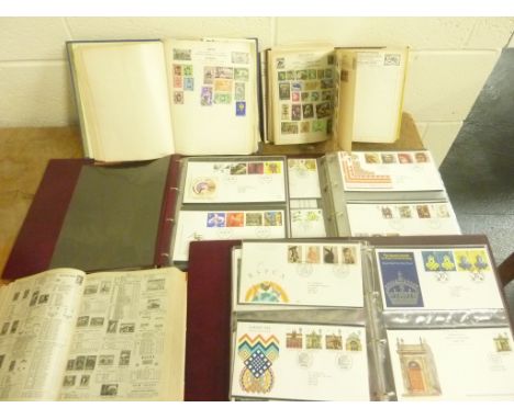POSTAGE STAMPS.  Childhood collection in Swiftsure album, 3 Royal Mail First Day Cover albums & others.