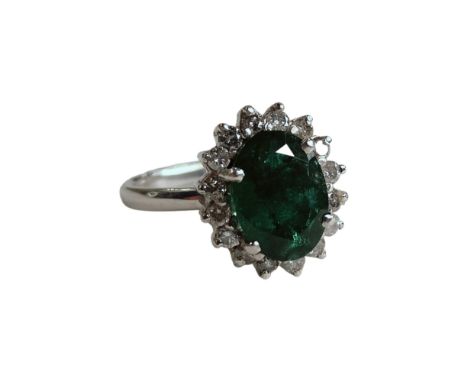 18 CARAT WHITE GOLD EMERALD &amp; DIAMOND CLUSTER RING 