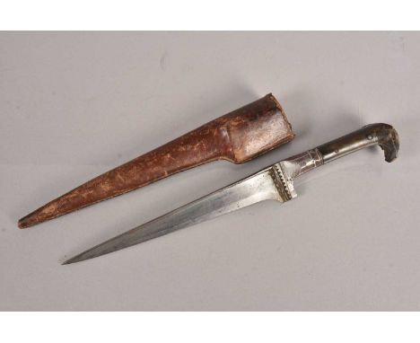 An Indo-Persian Peshkabz knife, having 20cm long blade, with T-Back spine, with horn handle, AF, some damage to the handle, c