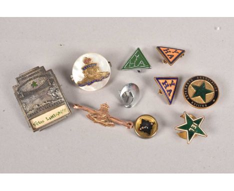 A 9ct gold Royal Artillery sweetheart brooch, 2.5g, together with a mother of pearl example, plus an Escape and Evade compass