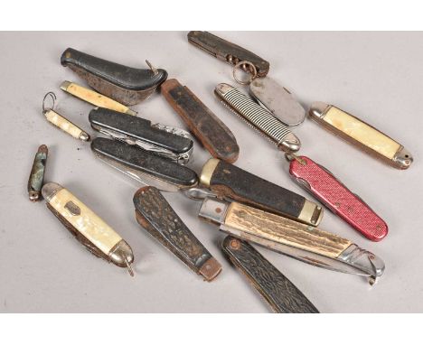 A collection of various penknives, to include an antler handled example, faux mother of pearl examples, multi-tools and more 