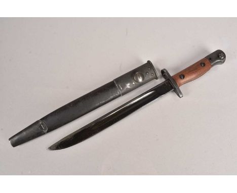 A WWII Australian Owen Mk I Bayonet, dated 1944 to the blade, having 'SLAZ44' to the blade, together with scabbard, stamped t