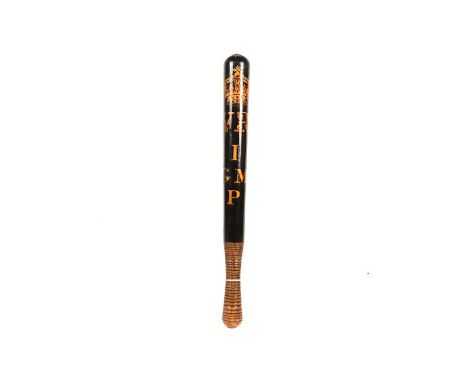 A Victorian Police Constable painted wooden truncheon, painted black with Royal Crown and decorative VR Cipher, with letterin