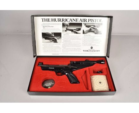 A Webley Hurricane .22 Air Pistol, no serial, in original box, complete with telescopic sight, targets, manual and instructio