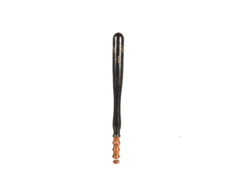 A Victorian painted Police Constable wooden Truncheon, having hand painted VR above 4, painted in white on black ground, with