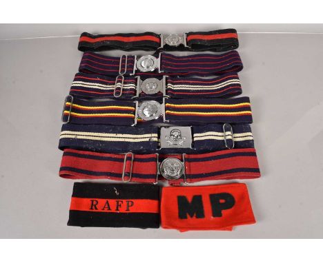A group of British Coloured Regimental Stable belts and buckles, comprising Royal Engineers, Royal Lancers, Corps of Signals,