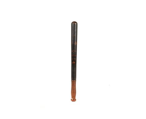 A Victorian Special Constable Wooden Police Truncheon, by Parker of Holborn, having dark blue painted body, with yellow/gilt 