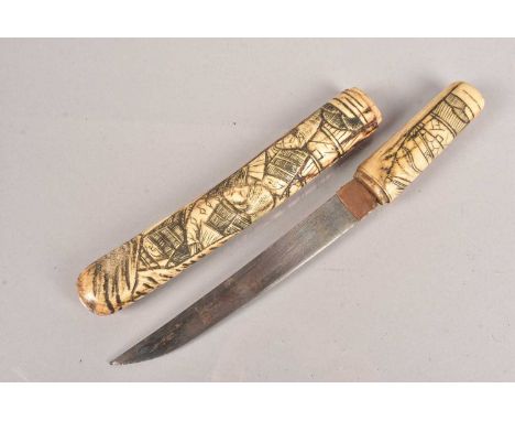 A Japanese Tanto, having engraved bone grip and scabbard, with engraved figural design, 15cm, single edged blade, Bone AF