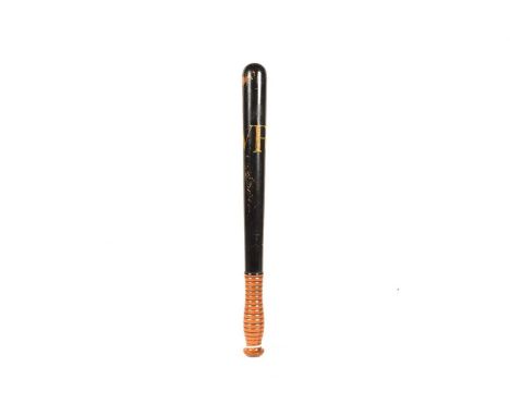 A Victorian Police Constable painted wooden truncheon by Parker, having yellow painted 'VR' on black painted ground, with rib