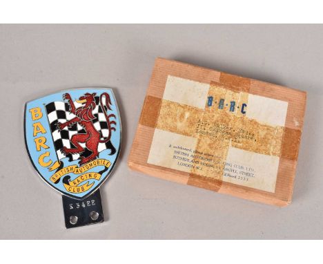 A vintage British Automobile Racing Club enamel car badge, no. K3422, with original BARC postage box