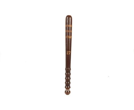 A Kidderminster Constabulary Special Constable wooden Police Truncheon, having hand painted gilt lettering with the number '2