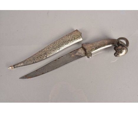 An Indian Kard Dagger, having Niello Work decoration, with 19cm Damascus blade, with rams head pommel, complete with scabbard