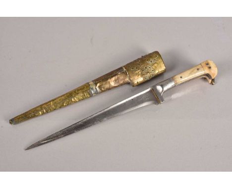 An Indo-Persian Peshkabz knife, having 22cm long blade, having numerous stamps to either side, decorative patterning to the s