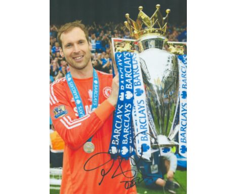 Football Petr Cech signed 12x8 inch colour photo pictured with Premier league trophy while playing for Chelsea. Good conditio