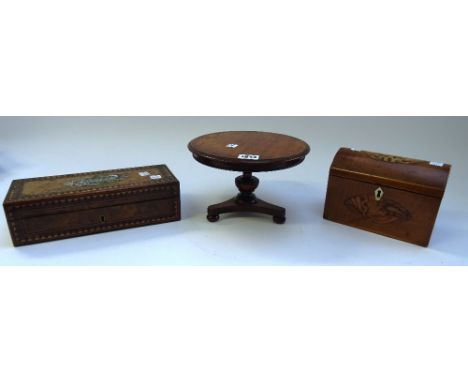 A 19th century miniature circular breakfast table, 22cm wide, a Victorian mother-of-pearl inlaid Tunbridge ware glove box, 27