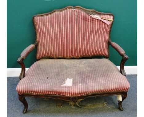 An 18th century French stained beech open arm sofa, with serpentine seat on scroll supports, 112cm wide x 100cm high.