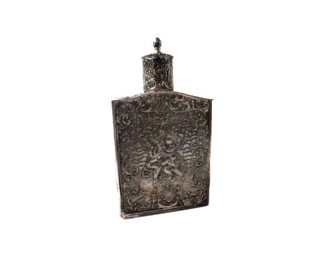 A Victorian silver tea caddy, with a detachable cover, of rectangular section form, the back and the front embossed with cher
