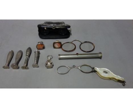 A set of Art Nouveau silver mounted opera glasses, a pair of Mother of Pearl mounted folding lorgnettes, folding tortoise she