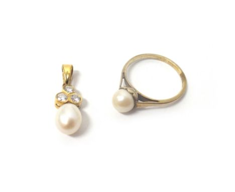 A 18ct gold, diamond and cultured pearl pendant, collet set with three circular cut diamonds above a single cultured pearl an