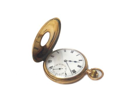 A gentleman's 9ct gold cased, keyless wind, half hunting cased pocket watch, with an unsigned Swiss jewelled lever movement, 