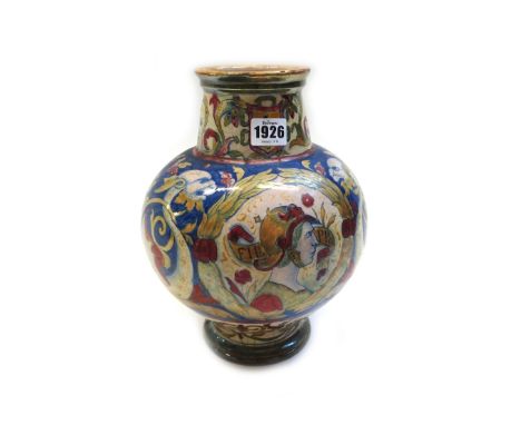 A Deruta style lustre vase, late 19th century, the bulbous body painted each side with titled portrait panels against a blue 