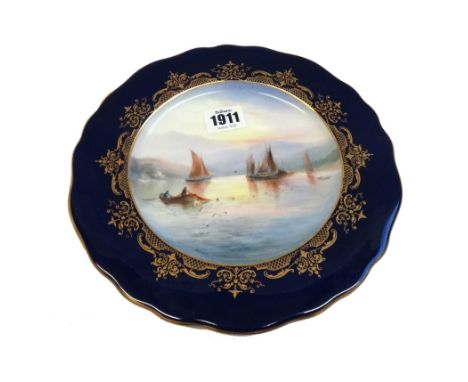 A Royal Worcester plate painted by Harry Davis, circa 1903, painted with boats and fishermen in a loch, signed H.Davis, insid