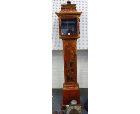 A crimson lacquer chinoiserie decorated longcase clock of small proportions, 20th century, with pagoda shaped rectangular hoo