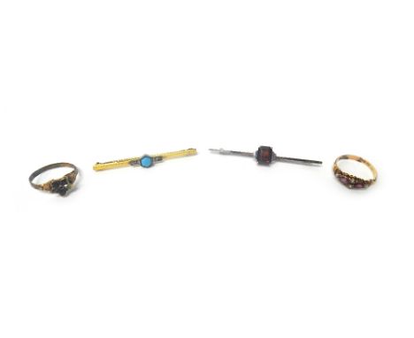 A Victorian 15ct gold, seed pearl and pink gem set ring, decorated with scrolled shoulders, a Victorian gem set ring, with a 