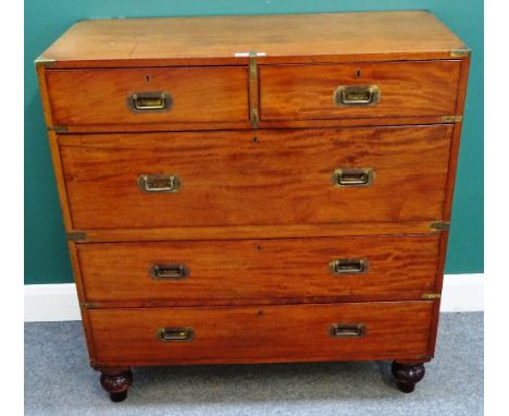 Army & Navy CSL Makers; a late 19th century mahogany and brass bound two part campaign chest of two short and three long draw