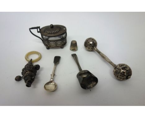 Silver and silver mounted wares, comprising; a Victorian oval mustard pot with pierced decoration, with a colourless glass li