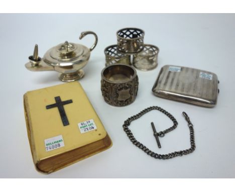 Silver and silver mounted wares, comprising; three napkin rings, with pierced decoration, Birmingham 1919, a rectangular ciga