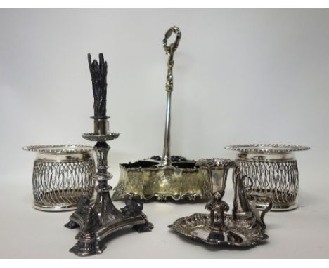 Plated wares, comprising; a pair of wirework bottle coasters, each decorated with a bold gadrooned rim to the top and with a 