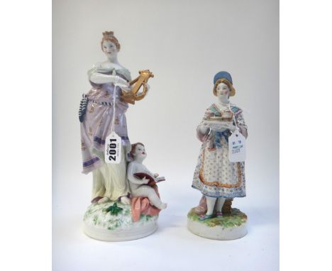 A Berlin porcelain figure group, circa 1900, depicting a regal figure, playing a harp with a putti at her feet, painted and p