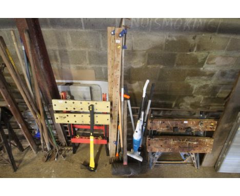 A quantity of various tools to include sash clamps, very large rubber mallet, rake, a Haden floor steamer, Wilkinson sword, s