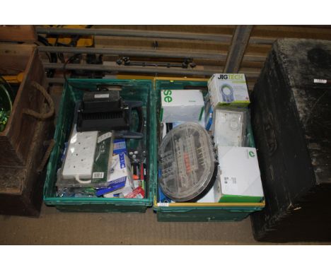 Two crates containing a quantity of various items, to include cased set of rotary attachments, cased set of bolts, nuts and w