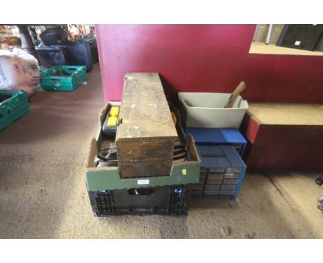 A wooden toolbox AF, quantity of various garden tools, home tool kit in fitted plastic case, three multi-drawer storage units