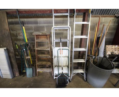 A lightweight aluminium three-way folding ladder, metal set of steps, pond net, garden aerator 