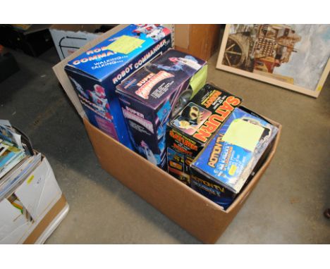 A box of vintage toy robots