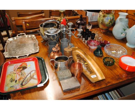 A collection of metal ware to include spirit kettle on stand; candelabra; soda syphon; pewter tankards; cigarette box etc.