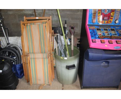 A plastic dustbin with handles (lacking lid) and a quantity of garden tools, to include digging fork, Wilkinson Sword garden 