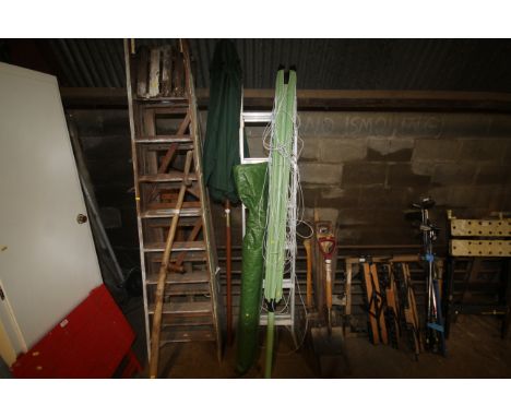 A garden parasol, folding rotary garden clothes airer and an aluminium three-way folding ladder 