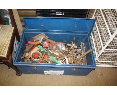 A metal tool box and contents of tools to include spanners, hand braces etc.