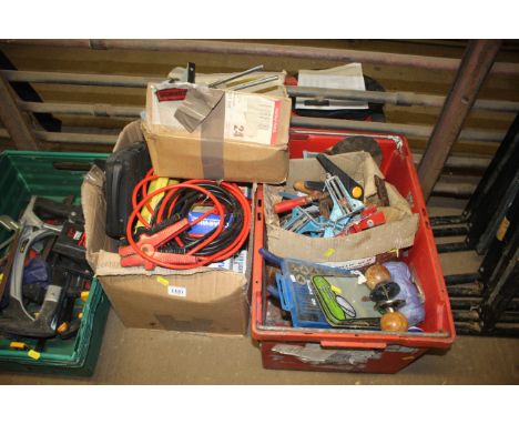 Two boxes containing a quantity of various tools to include jump leads, various clamps, door handles, tap and die set in fitt