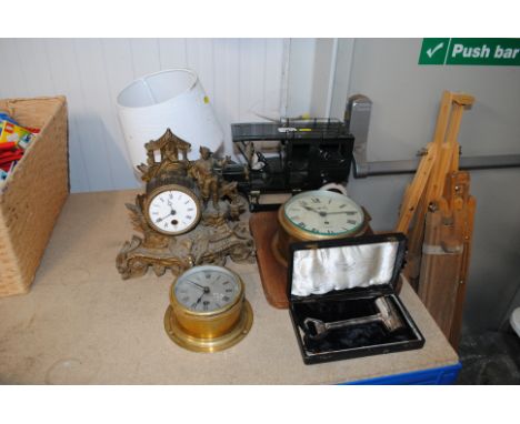 Henry Browne & Sons Limited brass bulkhead clock, a Smith's Empire brass bulkhead clock, gilt floral decorated mantel clock, 